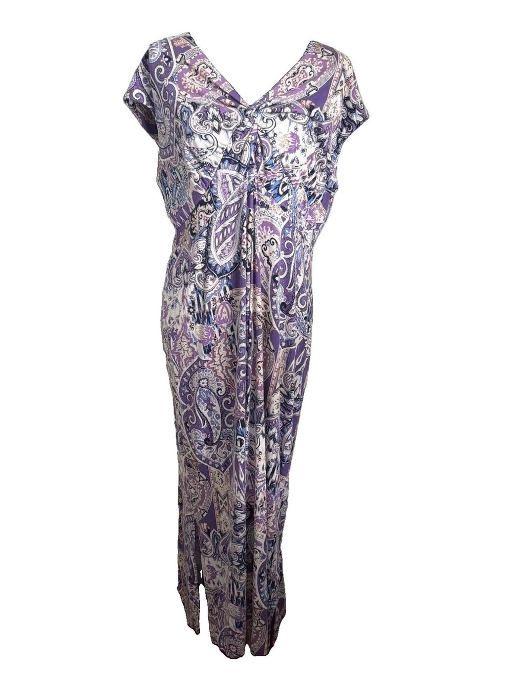 Chico's 3 Dress Womens 16/18 Purple Paisley Jersey Stretch V Neck Maxi  Boho